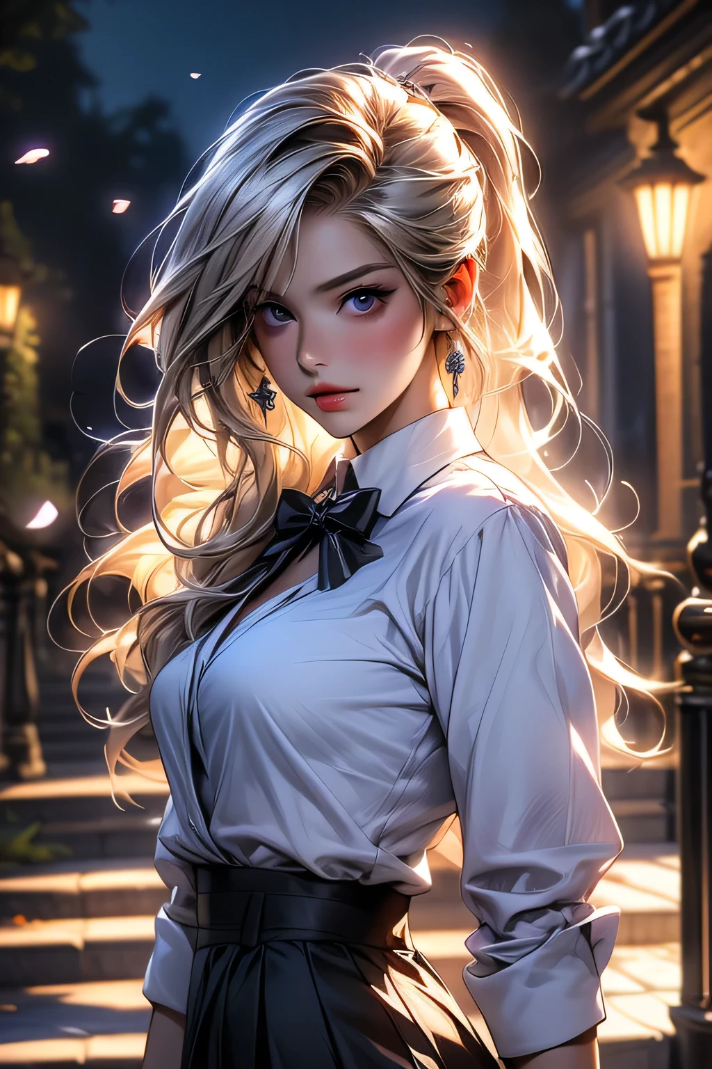最high quality, masterpiece,, figure, wallpaper,One girl, alone, , White shirt, Black Skirt, Light Hair, Semi-long hair, Beautiful detailed girl, Highly detailed eyes and face, Beautiful fine details, shy, nature_Lighting, Shine,clean null, View your viewers, Outdoor, night null, star (null), loafers, Black Pantyhose, Blue bow tie, Straight hair, Purple petals, Purple and blue flowers, Dark Eyes, ponytail, Blue Ribbon,Blonde Hair､thick_Thighs, Large Breasts, black eye, Upper body portrait､masterpiece, 最high quality, high quality, High resolution,