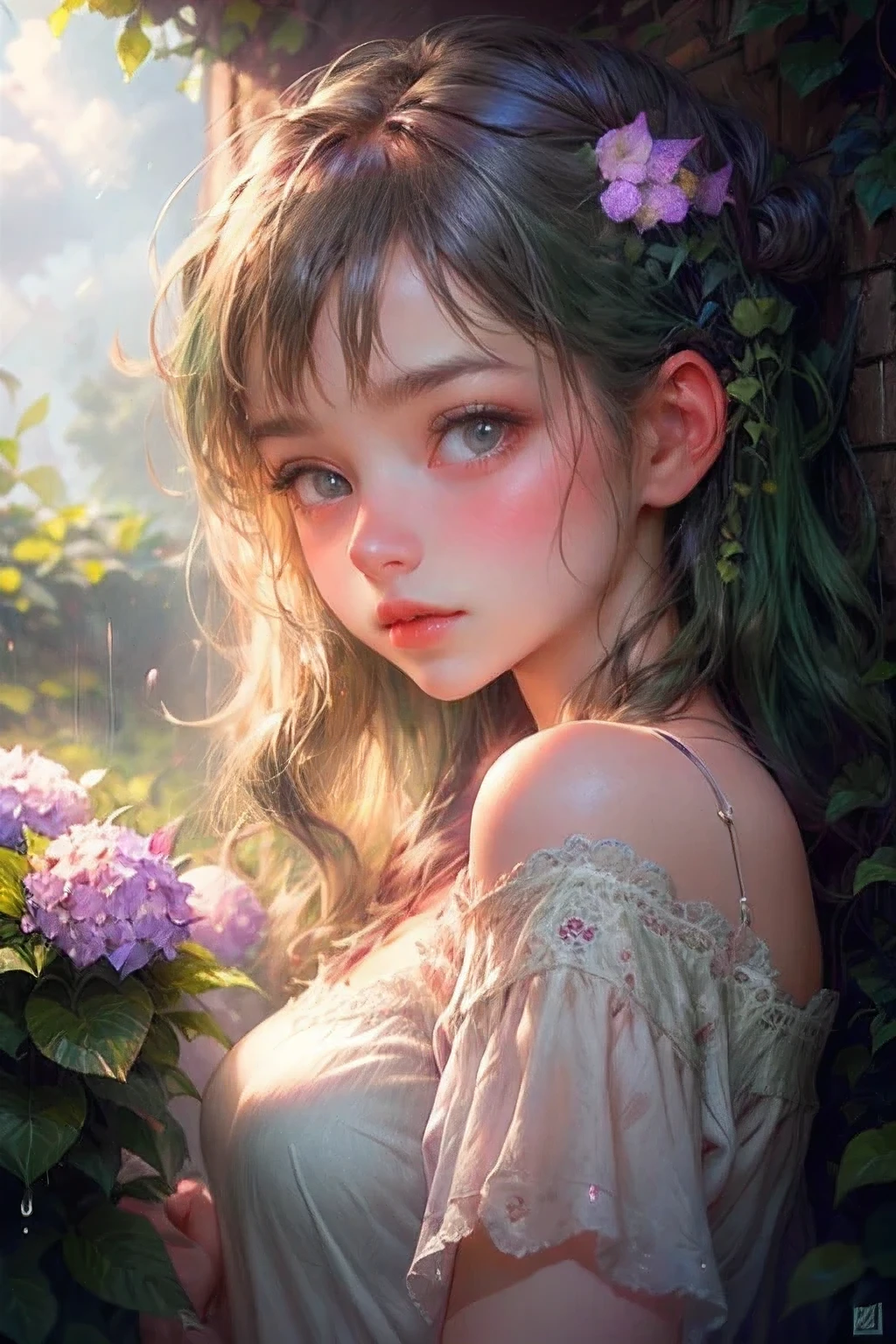 (best quality,4k,highres,masterpiece:1.2, beautiful ultra-details),cute girl in a outdoor garden, bare shoulder, bare arms, beautiful detailed eyes,sparkling eyes, beautiful detailed lips,shining lips, extremely detailed eyes and face,long eyelashes,(soft raining:1.1),(many hydrangeas in full bloom:1.1),(serene atmosphere),(gently falling raindrops),(soft and delicate petals),(fresh green leaves),(damp ground),(peaceful and tranquil scenery),(subtle sound of raindrops),(vibrant colors),(subtle shades of purple),(gentle breeze),(magical atmosphere),(ethereal beauty),(dream-like setting),(sunlight filtering through the clouds),(serene expression),(comfortable clothing),(enjoying the beautiful view),(wet hair),(water droplets on the skin),(peaceful ambiance), 