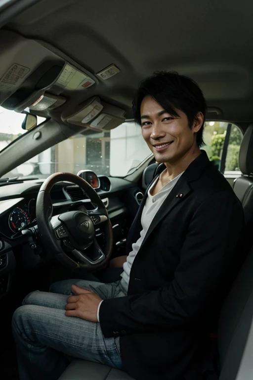 A realistic photo，A young but mature looking Japanese man.With a smile on his face.Confidently sitting in the driver&#39;s seat of a parked luxury sports car. He faces the camera directly, Wearing a stylish dark suit and tie, With black leather shoes. ,Highlight the luxury of men&#39;s elegant clothing and car interiors.