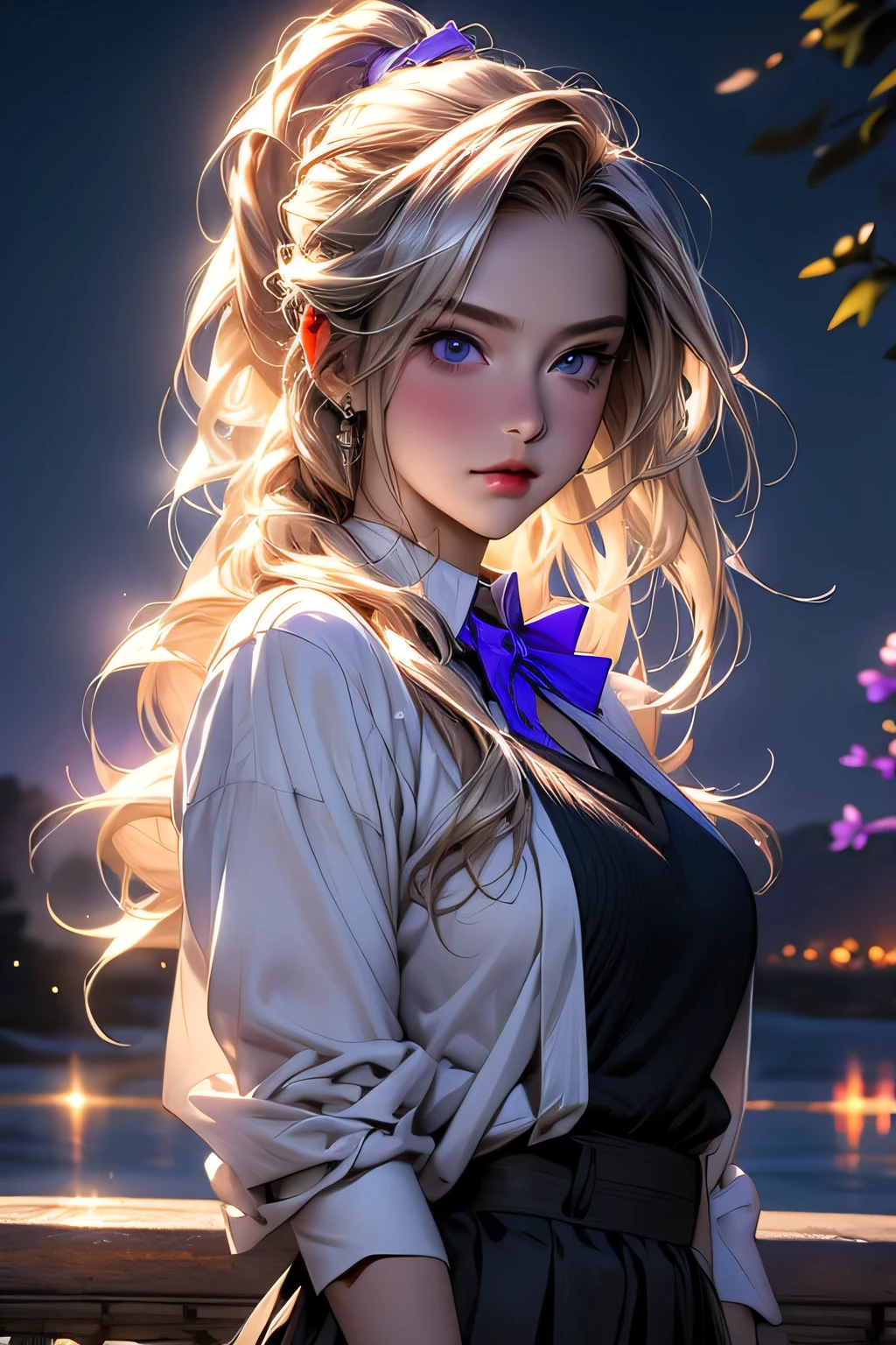 最high quality, masterpiece,, figure, wallpaper,One girl, alone, , White shirt, Black Skirt, Light Hair, Semi-long hair, Beautiful detailed girl, Highly detailed eyes and face, Beautiful fine details, shy, nature_Lighting, Shine,clean null, View your viewers, Outdoor, night null, star (null), loafers, Black Pantyhose, Blue bow tie, Straight hair, Purple petals, Purple and blue flowers, Dark Eyes, ponytail, Blue Ribbon,Blonde Hair､thick_Thighs, Large Breasts, black eye, Upper body portrait､masterpiece, 最high quality, high quality, High resolution,