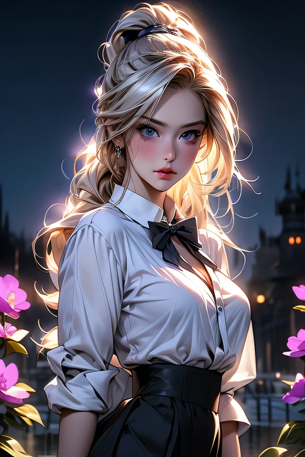 最high quality, masterpiece,, figure, wallpaper,One girl, alone, , White shirt, Black Skirt, Light Hair, Semi-long hair, Beautiful detailed girl, Highly detailed eyes and face, Beautiful fine details, shy, nature_Lighting, Shine,clean null, View your viewers, Outdoor, night null, star (null), loafers, Black Pantyhose, Blue bow tie, Straight hair, Purple petals, Purple and blue flowers, Dark Eyes, ponytail, Blue Ribbon,Blonde Hair、thick_Thighs, Large Breasts, black eye, Upper body portrait、masterpiece, 最high quality, high quality, High resolution,