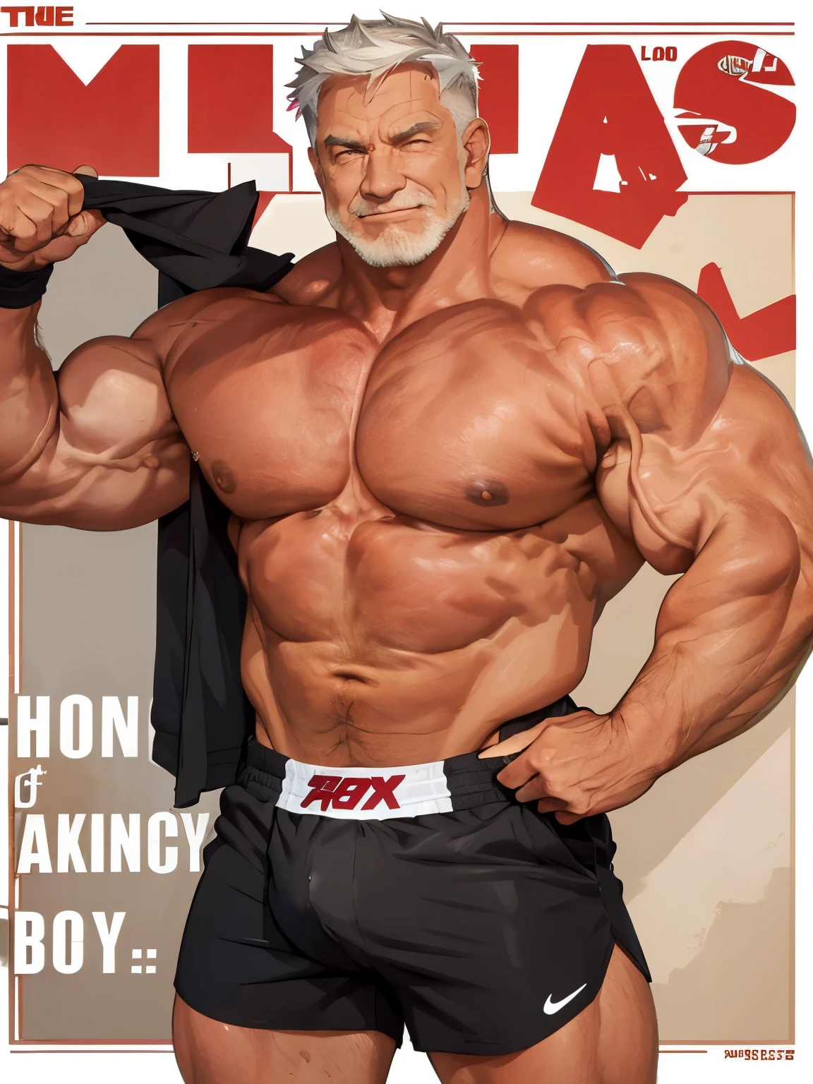 (magazine cover), with text, solo, 1boy, (Huge Muscular Old man as a boxer , wearing shorts, and tank top) (short hair, 2tone hair color, two tone hair colors, red and white hair color), pectoral, abnormal muscle size, very big muscle, absurdly muscle size, huge pectoral, wide pectoral, short white hair, short bearded, simple background, masterpiece, high detailed, 8k, high resolution, --style 250, -- v 6.0