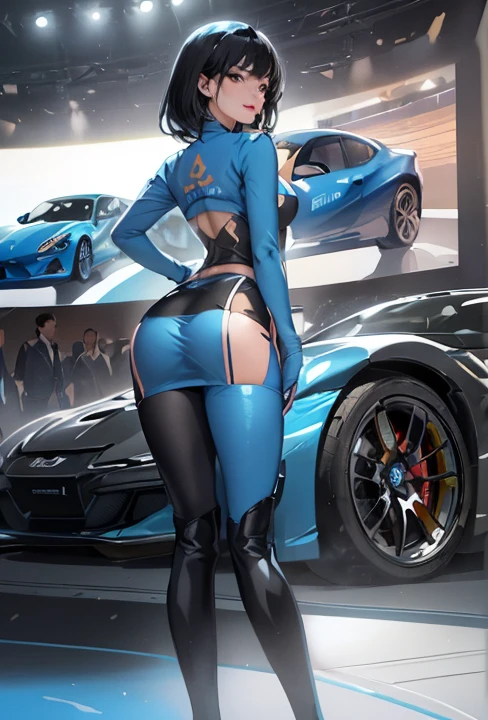 Only one female, (Recall) (From behind:1.2), (Bent over), /(Grid Girls/) /(Blue costume with logo/), Tight Skirt, Mature Woman, /(Black Hair/) bangs, A kind smile, (Masterpiece highest quality high resolution 8k), Delicate illustrations, Edge Color Lighting, Pretty face, thigh boots break (Stand next to a late-model car) break (Motor show indoors), audience, Detailed Background、Camel Toe、Giant tit、Nipple Puffs、Cleavage、Plump、Super big breasts、Super big butt