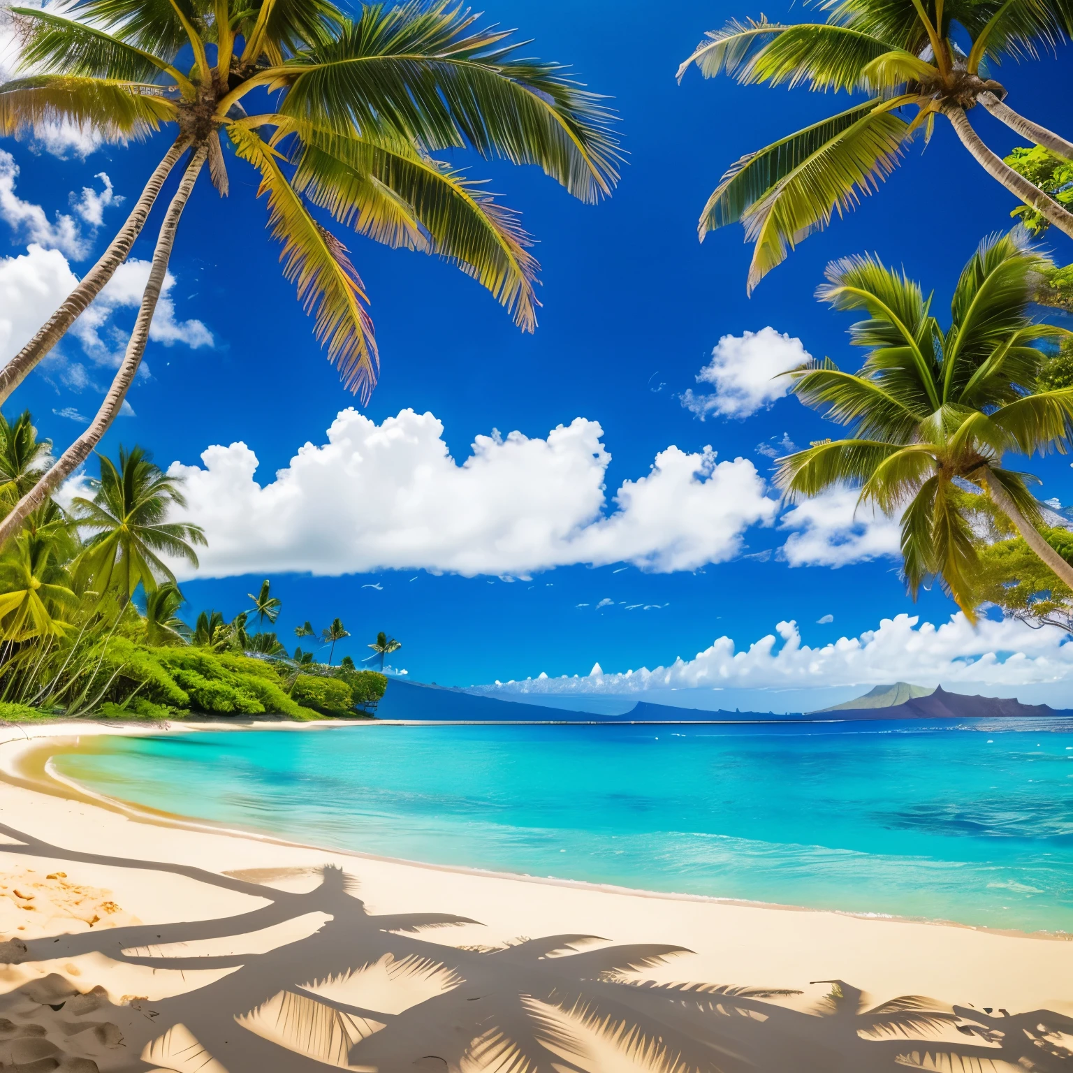 Tropics, tropical beach in the background, Hawaiian islands, palm trees