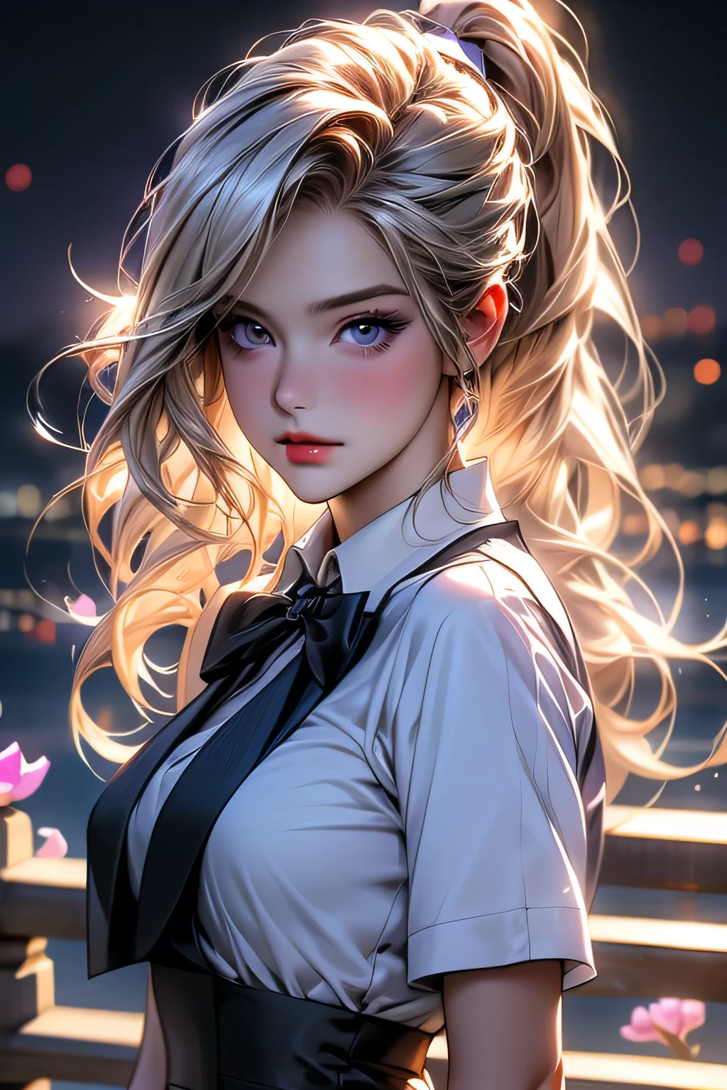 最high quality, masterpiece,, figure, wallpaper,One girl, alone, , White shirt, Black Skirt, Light Hair, Semi-long hair, Beautiful detailed girl, Highly detailed eyes and face, Beautiful fine details, shy, nature_Lighting, Shine,clean null, View your viewers, Outdoor, night null, star (null), loafers, Black Pantyhose, Blue bow tie, Straight hair, Purple petals, Purple and blue flowers, Dark Eyes, ponytail, Blue Ribbon,Blonde Hair､thick_Thighs, Large Breasts, black eye, Upper body portrait､masterpiece, 最high quality, high quality, High resolution,