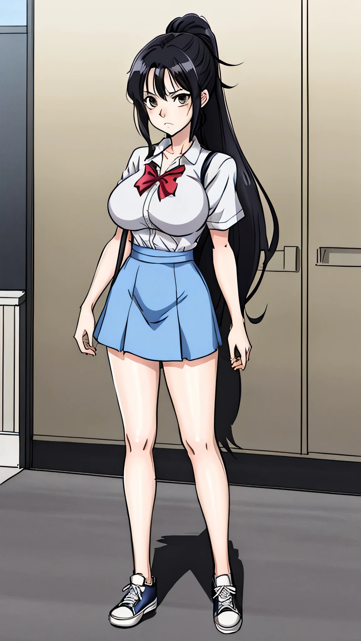((ultra high quality)), ((ultra detail)), ((pencil sketch)), 1 girl solo, anime girl with ponytail and tie in a, black hair, anime moe artstyle, as an anime character, wearing , wearing a , nagatoro, an anime girl, cel shaded anime, wearing japanese , Ezra scarlet, beautiful anime high school girl, ((uniform high school)), wearing short sleeve white shirt white tie, female anime character, anime character, in an anime style, ((full body)), converse, converse high, (big breasts), highly detailed face, cool, tomboy, ((indifferent face))