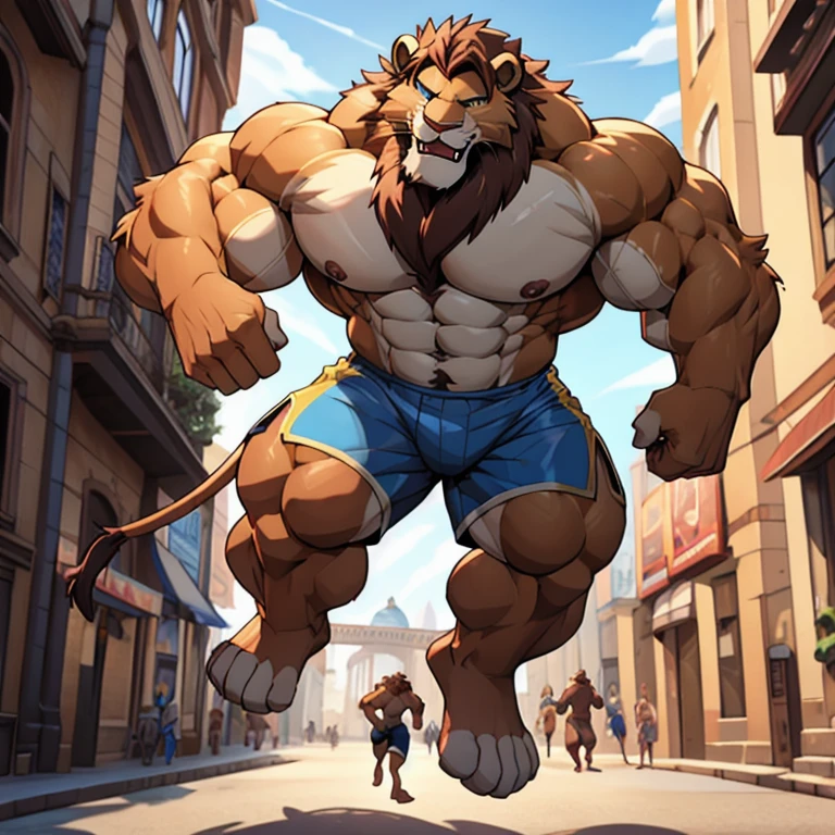 A photorealistic image of the Beast from the movie Beauty and the Beast, super muscular giant, with muscular arms, broad shoulders, giant and toned physique, bursting muscular veins, blue eyes, tail, super furry brown fur, backward facing horns, with veins jumping, barefoot, super giant in the center of a city Lora:, altura toda. 4K, high resolution, melhor qualidade, ( peitorais fortes, defined muscles, ombros musculosos), anatomia correta, (por Wfa:1.0), (por Takemoto Arashi:1.0), (por Taran Fiddler:0.5), sensual, (shorts rosa, topless, luvas de boxe), sensual shadows, lion tail, postura esbelta, abrir mouth, showing the tongue, abrir:1 olhos, olhos detalhados