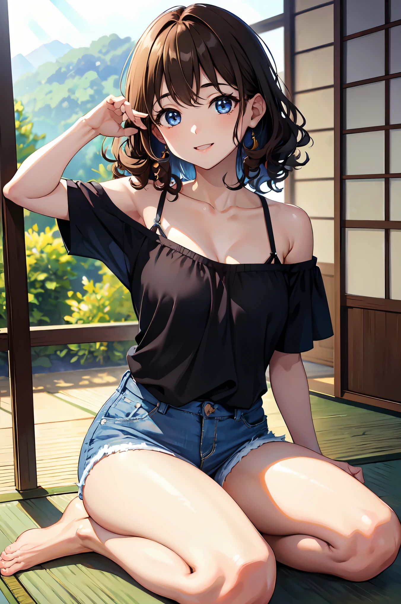 CG, Unity, 8k, wallpaper, highest quality,sunlight、Perfect lighting、 masterpiece, haruka amami, (smile: 1.2), 1 high school girl、Brown Hair、Curly Hair、Blue Eyes、Dense lips、Black knit T-shirt、Off the shoulder、 BREAK denim shorts, barefoot, Thighs, Best lighting, Complex pupil, Complex weaving, Detailed Background, Japanese countryside