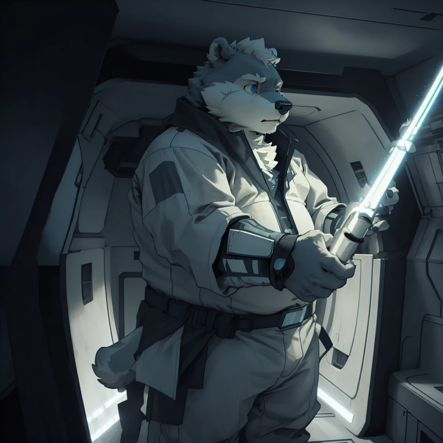 New Jersey 5 Furry,polar bear,portrait,Exquisite, Chubby,Fat,Thick arms,Rugged muscles,White plush fur,Chubby脸,Black eyebrows,Sky blue eyes,Beard,Inside the capsule,high tech spaceship,Dim environment,Various electronic devices,Standing,Back against the wall,Hiding in the dark,(Holding a blue lightsaber:1.5),(Cross-dimensional clothing:1.2),high tech pants,(Chest Shaped Energy Core:1.3),vigilante