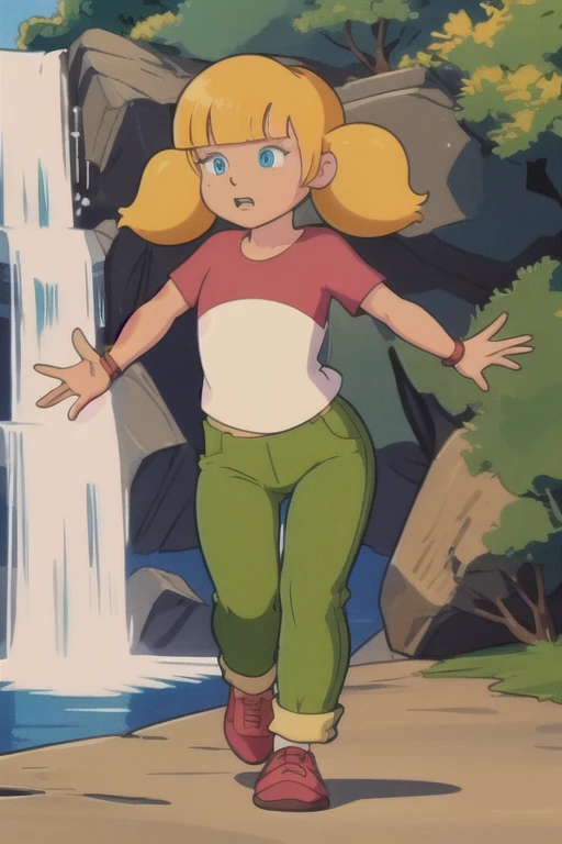 masterpiece, best quality, 1girl, penny, blonde hair, twintails, blunt bangs, blue eyes, red shirt, green pants, brown shoes, (wristwatch:0.6), full body, standing, contrapposto,  solo, simple background running pose, waterfall background 