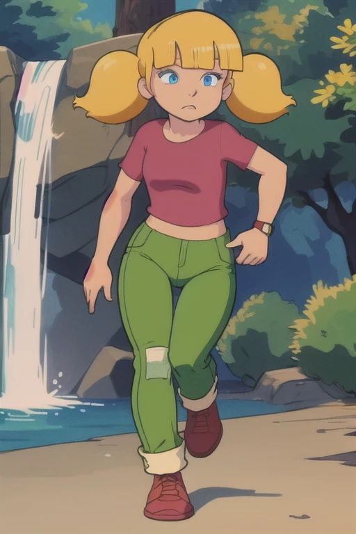 masterpiece, best quality, 1girl, penny, blonde hair, twintails, blunt bangs, blue eyes, red shirt, green pants, brown shoes, (wristwatch:0.6), full body, standing, contrapposto, solo, simple background running pose, waterfall background