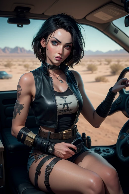 Logan, X-mem, 3D, 4K. Logan, X-mem, 3D, 4K. Logan, X-mem, 3D, 4K. Logan, X-mem, 3D, 4K, Good looking, ultra realistic. A 27-year-old masculine male cyberpunk character, post - apocalyptic cowboy, with a rugged appearance, in mad max style, 4k wild west, wearing a leather vest adorned with pockets and straps, and metal cyberpunk staffs, brass goggles resting on top of his forehead, short bearded and a determined expression in his piercing blue eyes. Settings in a vast open hot golden desert, Driving Inside an old metal patched desert camper Van(mad max style), steering the wheel. With companion inside, a lady passenger, apocalyptic cowgirl, cyberpunk wild west, in mad max style,4k wild west, megan fox as leeloo, alita battle angel, space western, mad max style, in a post apocalyptic setting in Desert Ruins, badass composition, karol bak uhd, battle angel alita, cyber western, sitting beside Logan. Camera angle in front of the windshield. Both characters are caught by camera view.