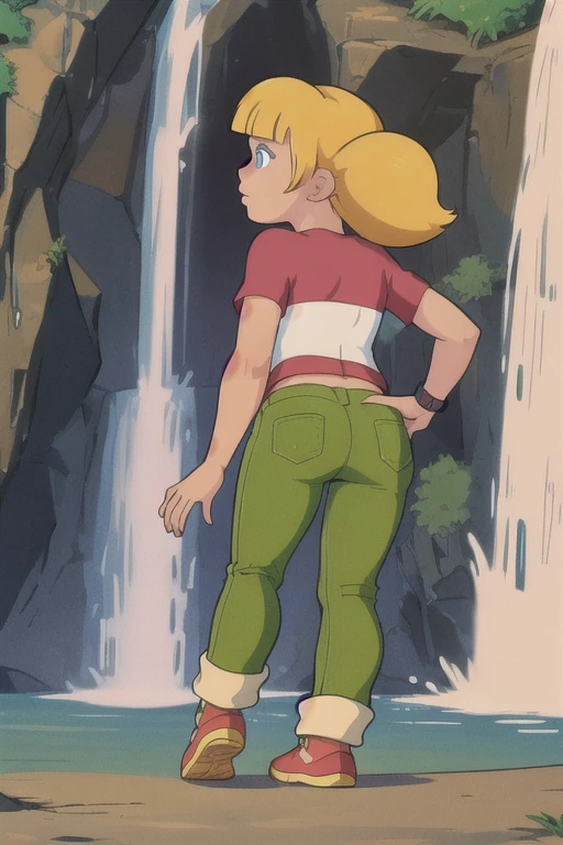 masterpiece, best quality, 1girl, penny, blonde hair, twintails, blunt bangs, blue eyes, red shirt, green pants, brown shoes, (wristwatch:0.6), full body, standing, contrapposto,  solo, simple background running pose, waterfall background , back view 