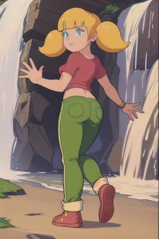 masterpiece, best quality, 1girl, penny, blonde hair, twintails, blunt bangs, blue eyes, red shirt, green pants, brown shoes, (wristwatch:0.6), full body, standing, contrapposto, solo, simple background running pose, waterfall background , back view