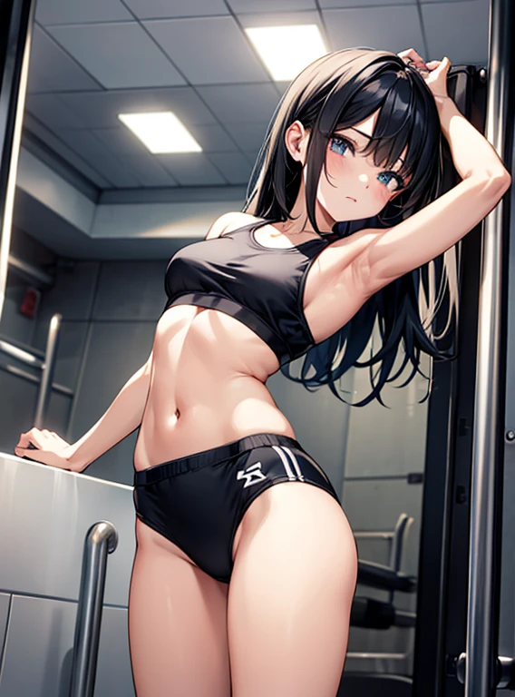 (Hands folded behind your back)、Beautiful breasts、Black Hair、Armpits are visible、Attractive breasts、Beautiful and attractive anime woman, Enchanting anime girl, Top rated on pixiv、Healthy Body、I can see your underwear、Shaving、Slippery、Iris、beautiful girl、、Underwear is biting into、Quiet、Inconspicuous、The private parts are visible、One leg is raised wide up、Sports bra、Extremely small breasts、、Young、Shortcuts、sports gym