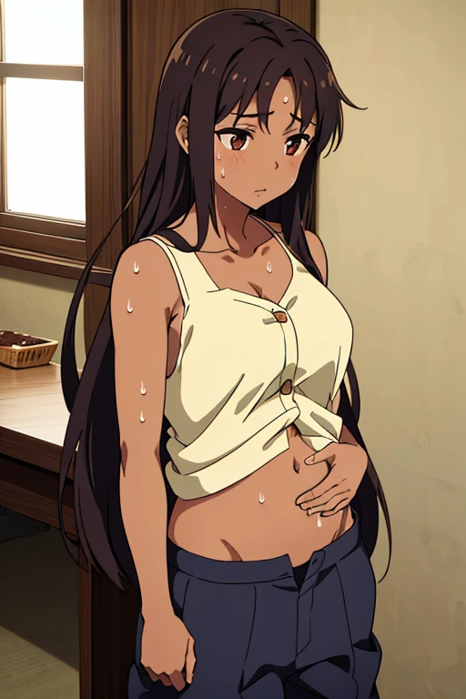 (masterpiece, high quality), brown skin anime girl wearing a button up cami top and trousers, famished in hunger, (gently resting hands on stomach), (sweaty oily skin), (long hair), (hands on her stomach)