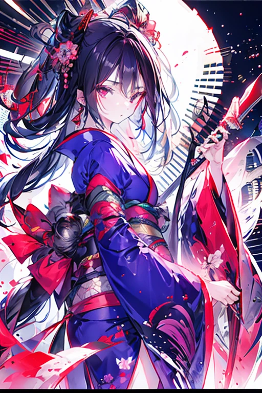 1girl in、nightcity、Sateen、Kimono without sleeves、A dark-haired、Holding a weapon with blood on it