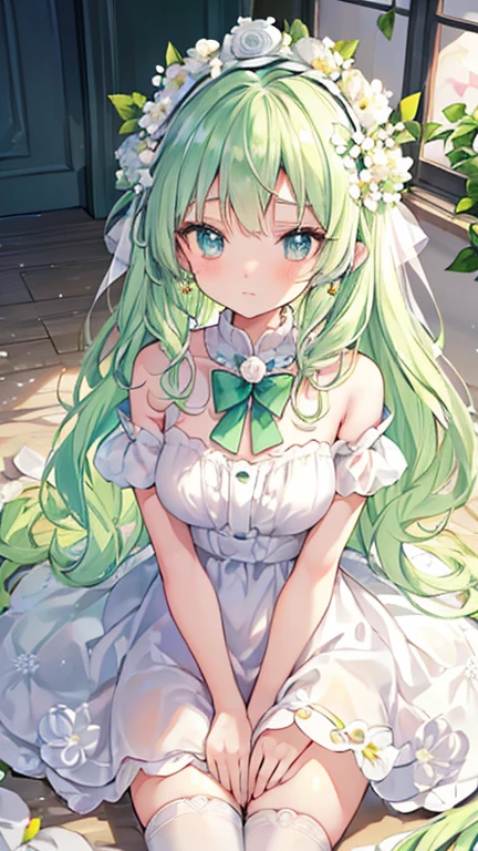 (cute with light green hair), (white dress), wavy hair, long hair, (flower headdress), Heart-shaped earrings, (Crystal clear eyes), innocence, (shy), indoor, short sleeve, (young), (white and soft skin), (slender body), (white stockings), cute cute, cute, cutest cute, cute, cute, adorable, immature