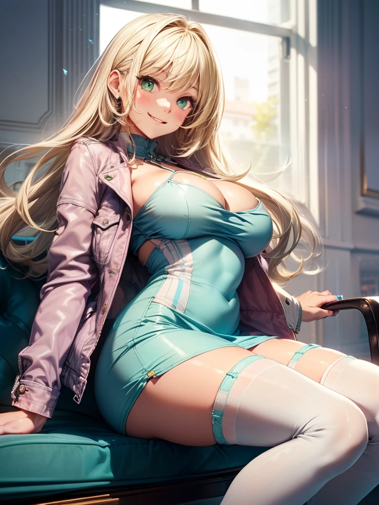 female, blonde flowing hair with green highlights, green eyes, (((1girl))), (((light blue minidress with white trim))), (pink denim cropped jacket), (white thigh high socks), (black boots), cute and sexy, full body, large breasts, cleavage, large butt, long legs, smiling