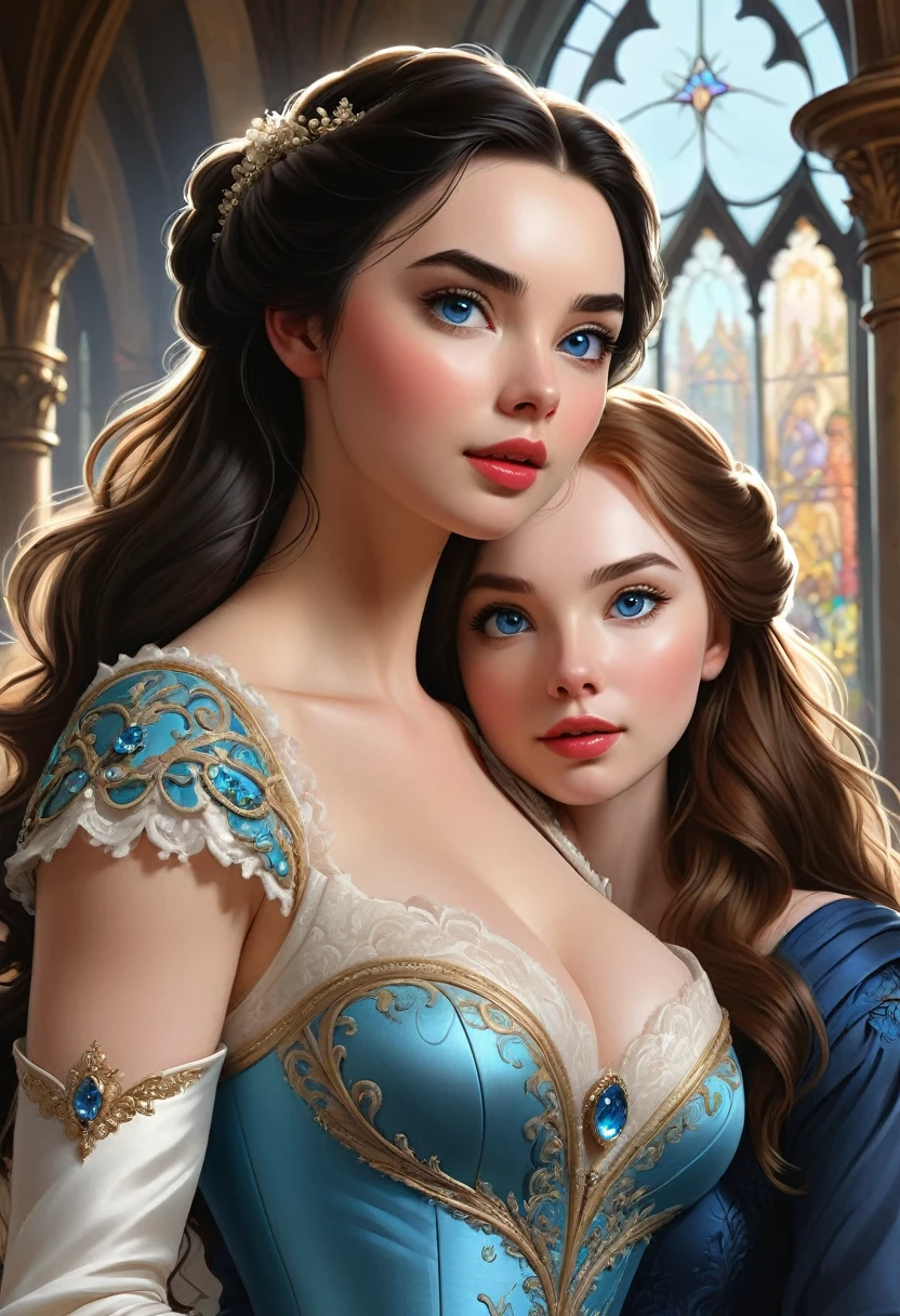 Young Beautiful Princess Bride (Black Hair, Hour Glass Figure,Jessica Green, Adelaide Kane, Molly Quinn, Hyper Large Blue Eyes. BUFF, TONED, FIT, Hyper MUSCULAR. . Hourglass Figure, Large Bust Ultra-Realistic. ) And Prince Groom (Bearded, Michael Seater) Smiling To Each Other, Beautiful Church In The Background. Dickensian. Official Art, Award Winning Digital Painting, Digital Illustration, Extreme Detail, 4k, Ultra Hd, Rococo, Polished, Intricate, Realistic Fantasy Art, Sharp Focus, Concept Art, Art By Wlop, Artgerm, (2d Vector Illustration)