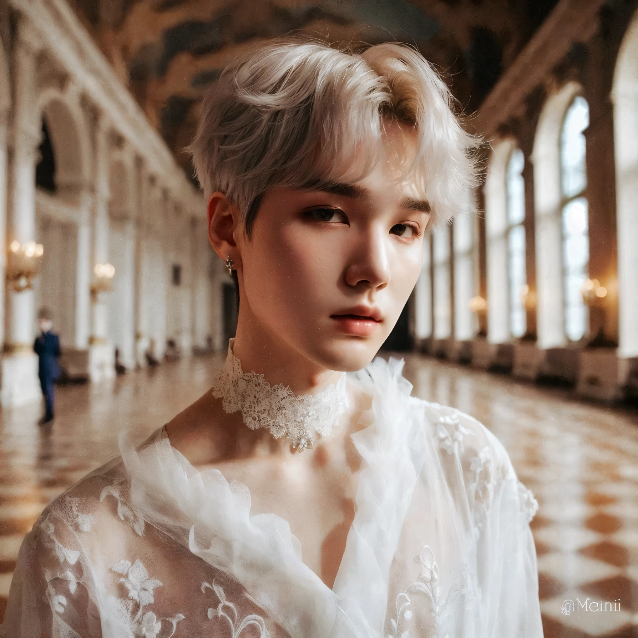 Yoongi arafed in a white dress standing in a large room, min yoongi, delicate androgynous prince, inspired por yoongi min, handsome androgynous prince, min yoongi, inspirado em gi yoon min, yoongi\o nariz grego, Yoongi de cabelo ruivo, min yoongi, Jimin, por yoongi do grupo bts, porcelain pale skin
