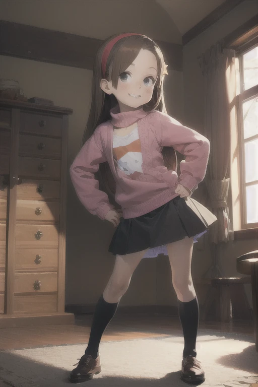 masterpiece, maple pines, Brown hair, long hair, hair band, flat chest, smile, Braces, Sweater, skirt, shoes, star print, hands on hips, in room, panties, pantyshot