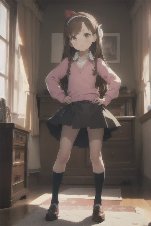 masterpiece, maple pines, Brown hair, long hair, hair band, flat chest, smile, Braces, Sweater, skirt, shoes, star print, hands on hips, in room, panties, pantyshot