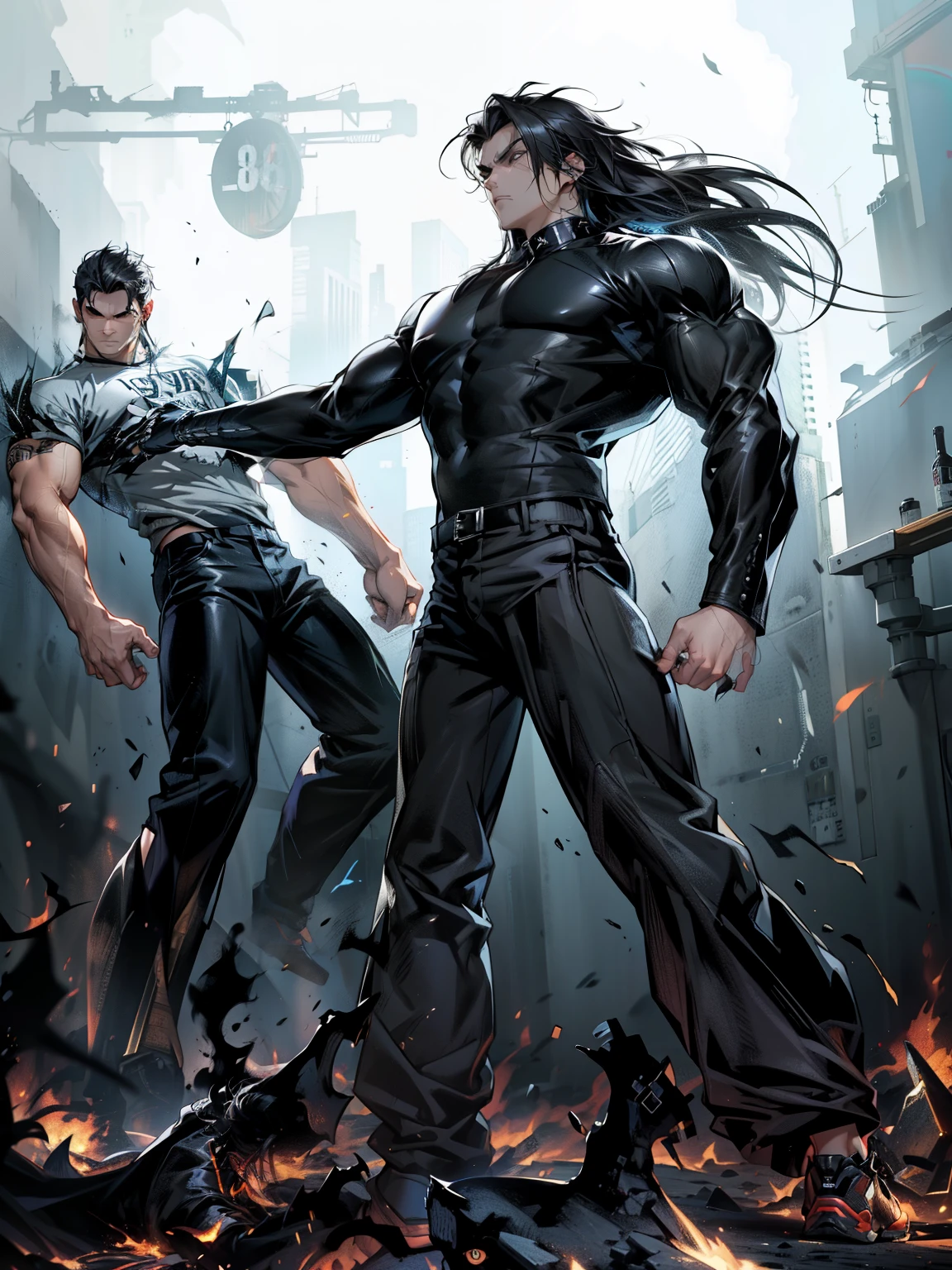 boys 26 Years old, Serious face, shorts hair, black hair, wearing dark sleeves shirts, black pants