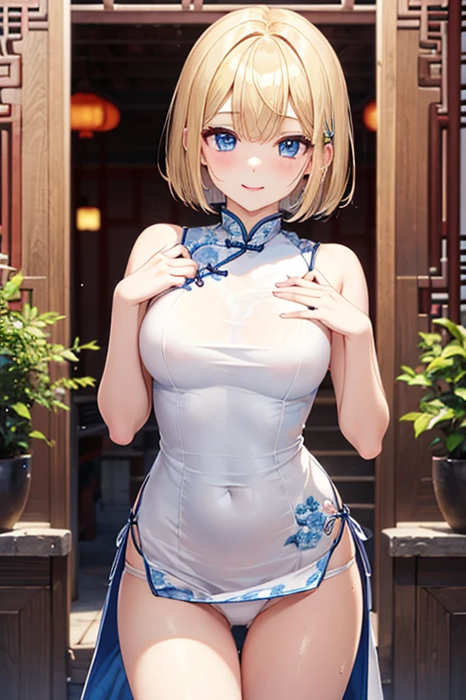(masterpiece,highest quality,超A high resolution),Japanese women, (((Very beautiful 18 year old girl))), pretty girl、Look at the photographer、 ((Beautiful blonde bob hair)), Very cute face, Glossy Lips, Double eyelids on both eyes, blue eyes, Natural smile、 Natural Makeup, Long eyelashes, Shiny and smooth hair、Center image, Perfect limbs, Perfect Anatomy,(((Shiny Chinese Dress white panties))),undressing,Wet with sweat,Cowboy Shot,