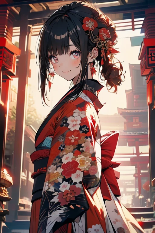 (muste piece), (best quality), very detailed, 1 girl, solo focus,perfect face, pretty face, very detailed顔,(A dark-haired:1.3),(red eyes:1.3),Light,smile,New Year,(kimono:1.4),shrines