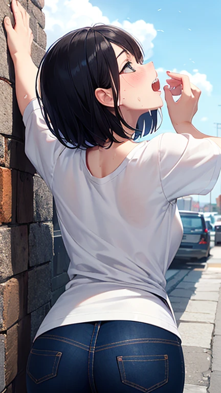 (woman in skinny tight navy jeans), (long jeans), detailed face, (black apron), white t shirt, standing, from behind, spread legs, two hands on wall, back view, slim, slender, 28 years old, short bob cut, black hair, nose blush, wet eyes, round mouth, open mouth, drool, hard sweat, (2D), (((sfw))), cameltoe, ((looking up)), looking at the sky, chin bone