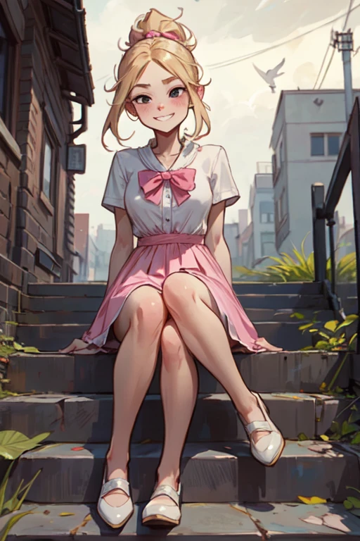 Weekend, Blonde hair, floating hair, black eyes, ponytail, Monobrow, bow, White shirt, Pink dress, white shoes, смfromрю на зрителя, serious, grin, sitting, spread legs, from_below, On the stairs, outside, city, overcast, high quality, masterpiece