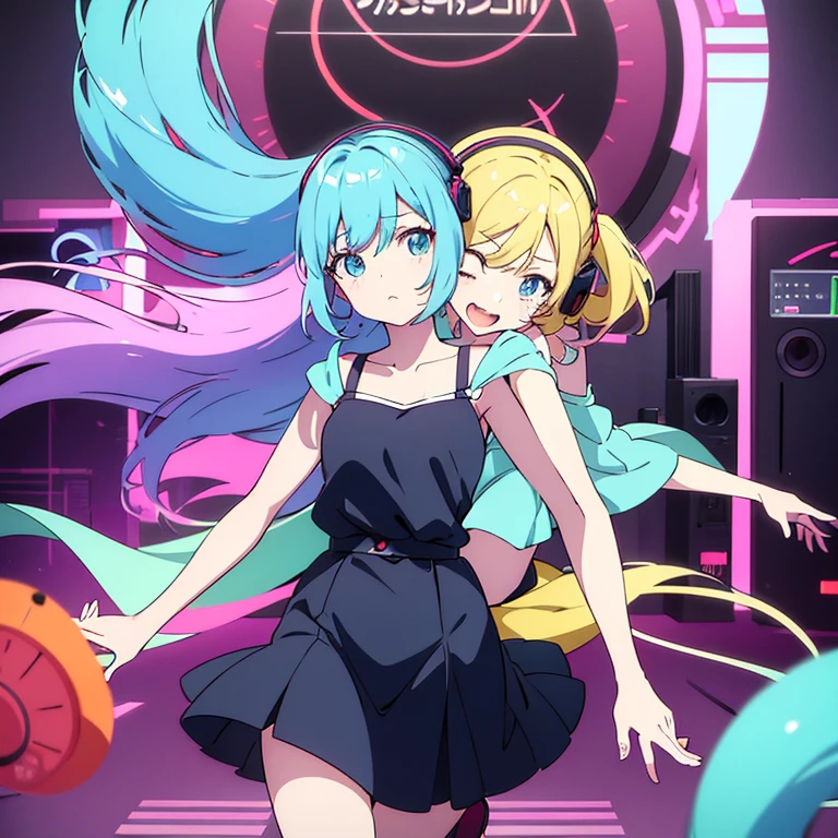 two anime girls in headphones are playing music on a turntable, anime vibes, anime style 4 k, ig studios anime style, nightcore, 8 0 s anime vibe, anime girls, anime style. 8k, lofi artstyle, dj sura, anime moe artstyle, anime style illustration, trending on cgstation, anime style artwork, e - girl running love