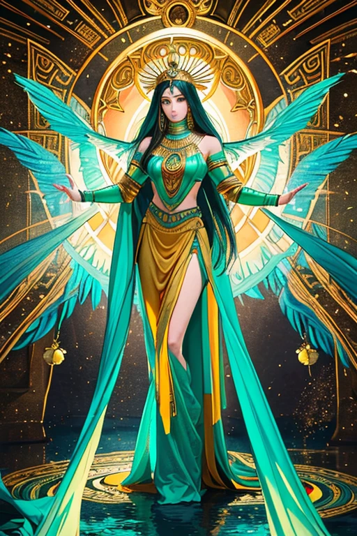 (best quality,4k,8k,highres,masterpiece:1.2),ultra-detailed,(realistic,photorealistic,photo-realistic:1.37),goddess Isis,beautiful young women,emerald green eyes,dark wavy hair,egyptian queen,serene expression,majestic wings,feathers shining with iridescence,flowing ethereal gown,elaborate headdress,jeweled collar,hidden power,floating in mid-air,glowing golden halo,lush green garden,sunlit columns,ancient Egyptian symbols,lotus flowers blooming in the background,vibrant colors,divine radiance,symbol of fertility and rebirth,spiritual presence,strong mystical aura,peaceful yet commanding presence