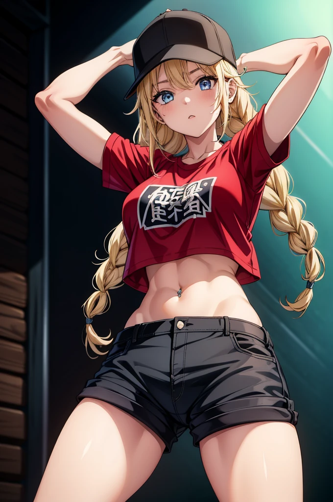 a girl with  and a hat posing with japanese writing, 1girl, baseball cap, solo, hat, blue eyes, crop top, piercing, long hair, blonde hair, stomach, short sleeves, navel piercing, shirt, navel, shorts, braid, looking at viewer, thighs, breasts, tattoo, midriff, red shirt, arms up, black headwear, crop top overhang, black shorts, short shorts, pubic tattoo, twin braids, cowboy shot