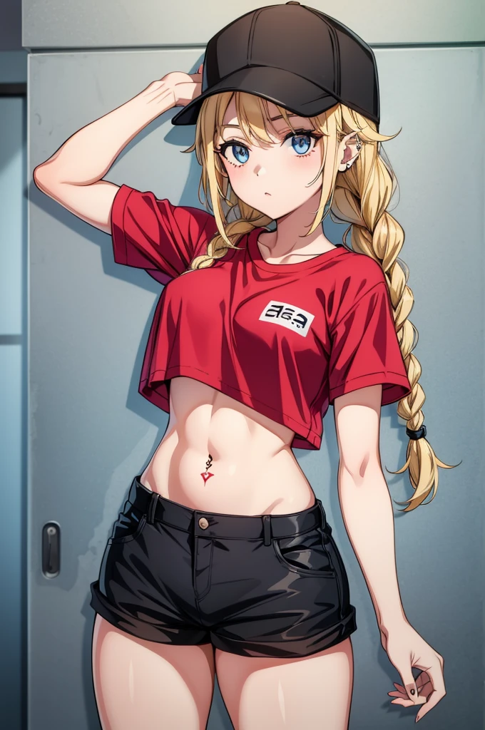 a girl with  and a hat posing with japanese writing, 1girl, baseball cap, solo, hat, blue eyes, crop top, piercing, long hair, blonde hair, stomach, short sleeves, navel piercing, shirt, navel, shorts, braid, looking at viewer, thighs, breasts, tattoo, midriff, red shirt, arms up, black headwear, crop top overhang, black shorts, short shorts, pubic tattoo, twin braids, cowboy shot