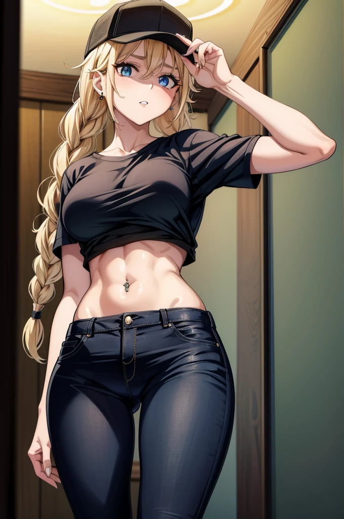 a sexy blonde tattooed sexy woman in black hat black shirt and black pants, 1girl, piercing, blonde hair, long hair, breasts, hat, solo, navel piercing, denim, braid, baseball cap, blue eyes, short sleeves, stomach, crop top, navel, black headwear, pants, tattoo, looking at viewer, midriff, earrings, twin braids, jewelry, medium breasts, pubic tattoo, arm up, shirt, cowboy shot, ear piercing, jeans, parted lips