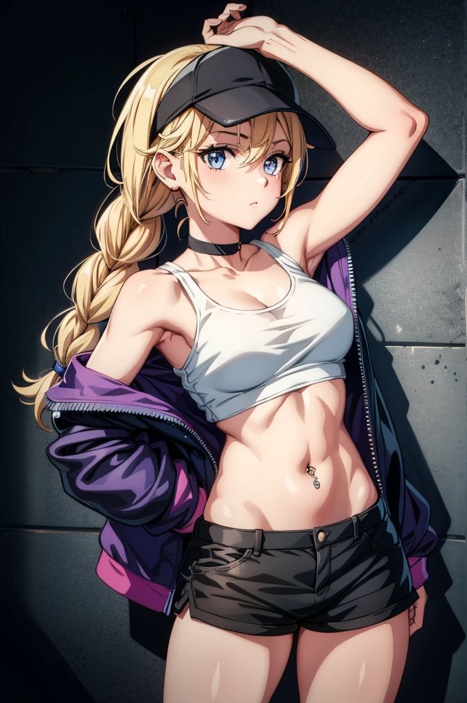 a beautiful girl in tight shorts and white sleeveless tank top has a headband, 1girl, solo, crop top, blonde hair, long hair, blue eyes, shorts, tattoo, off shoulder, piercing, shadow, jacket, looking at viewer, short shorts, hat, open clothes, navel, bare shoulders, open jacket, midriff, stomach, baseball cap, choker, breasts, thighs, braid, sleeveless, navel piercing, armpits, sleeveless shirt, cowboy shot, black choker, black jacket, twin braids, medium breasts, black shorts, shirt, black headwear, spaghetti strap