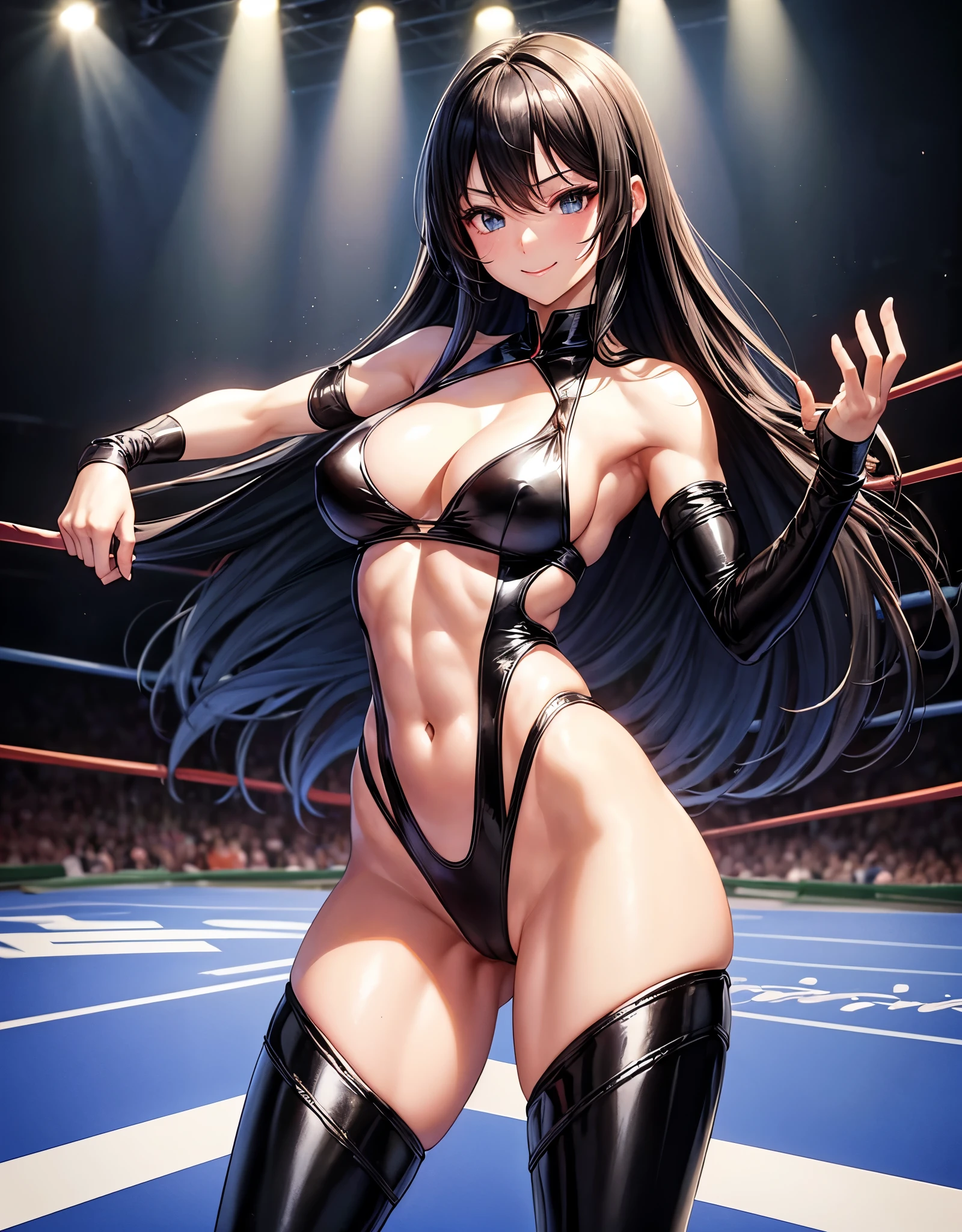 beautiful girl、Fighter、Black Hair、long hair、Big Breasts、sexy、Sexy、A gentle smile、Racy leotard、High leg、Wristband、Gloves、Long shoes、canvaat、On the Ring、Match in the ring、venue、The whole body is visible、Abdominal muscles、one person、Championship Belt