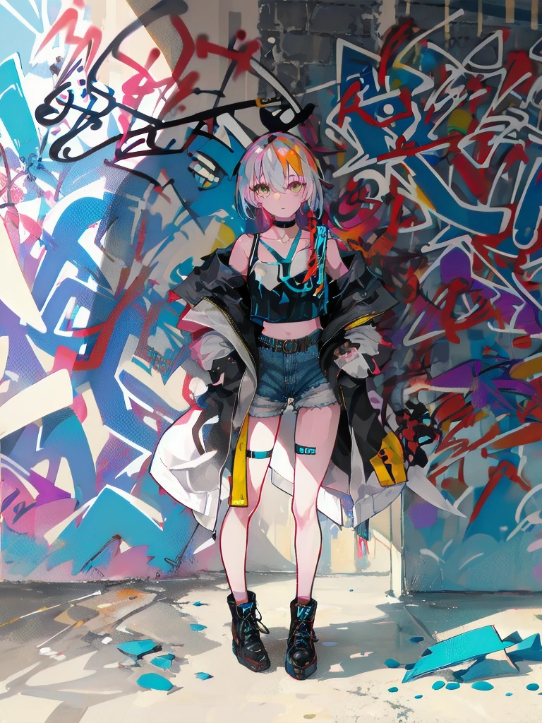 (best quality,1 woman,alone),(striped hair:white),(crop top:white),(sukajan coat),(dark denim shorts),(choker),(graffiti:1.25),(splash of color),(nonsense),(lean back),(leaning against the wall),(tilt to the side:0.125),(watch the audience),(armband),(thigh strap),(paint on body),(eyes aimed upwards),(heading down),(tilt your head),(from the side:0.9),(expressionless:0.75),(hand into pocket)