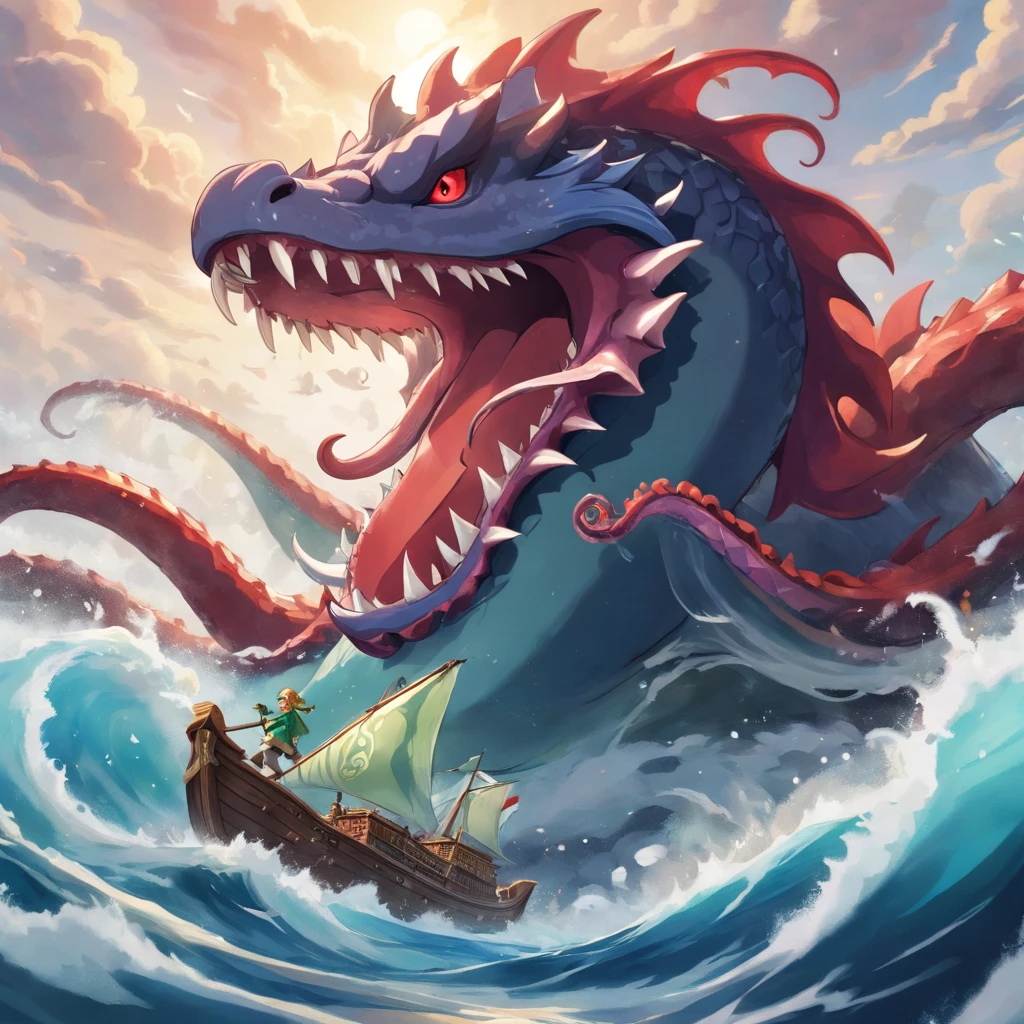 the mighty kraken, a giant sea serpent with sharp teeth, large tentacles and red eyes that give off a red mist reminiscent of hell itself, action scene, dynamic fight, detailed monster, stormy ocean, white smoke, bokeh, red eyes, 8k .