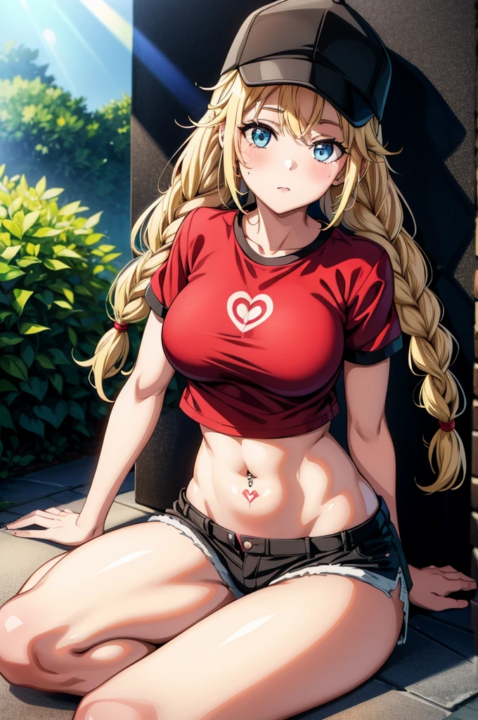 a beautiful woman with long blonde hair sitting on the ground with a sun on her chest, 1girl, twin braids, long hair, hat, braid, blonde hair, blue eyes, solo, shorts, shirt, pubic tattoo, piercing, tattoo, baseball cap, red shirt, black shorts, navel, short shorts, short sleeves, sitting, breasts, looking at viewer, very long hair, navel piercing, stomach, black headwear, blush