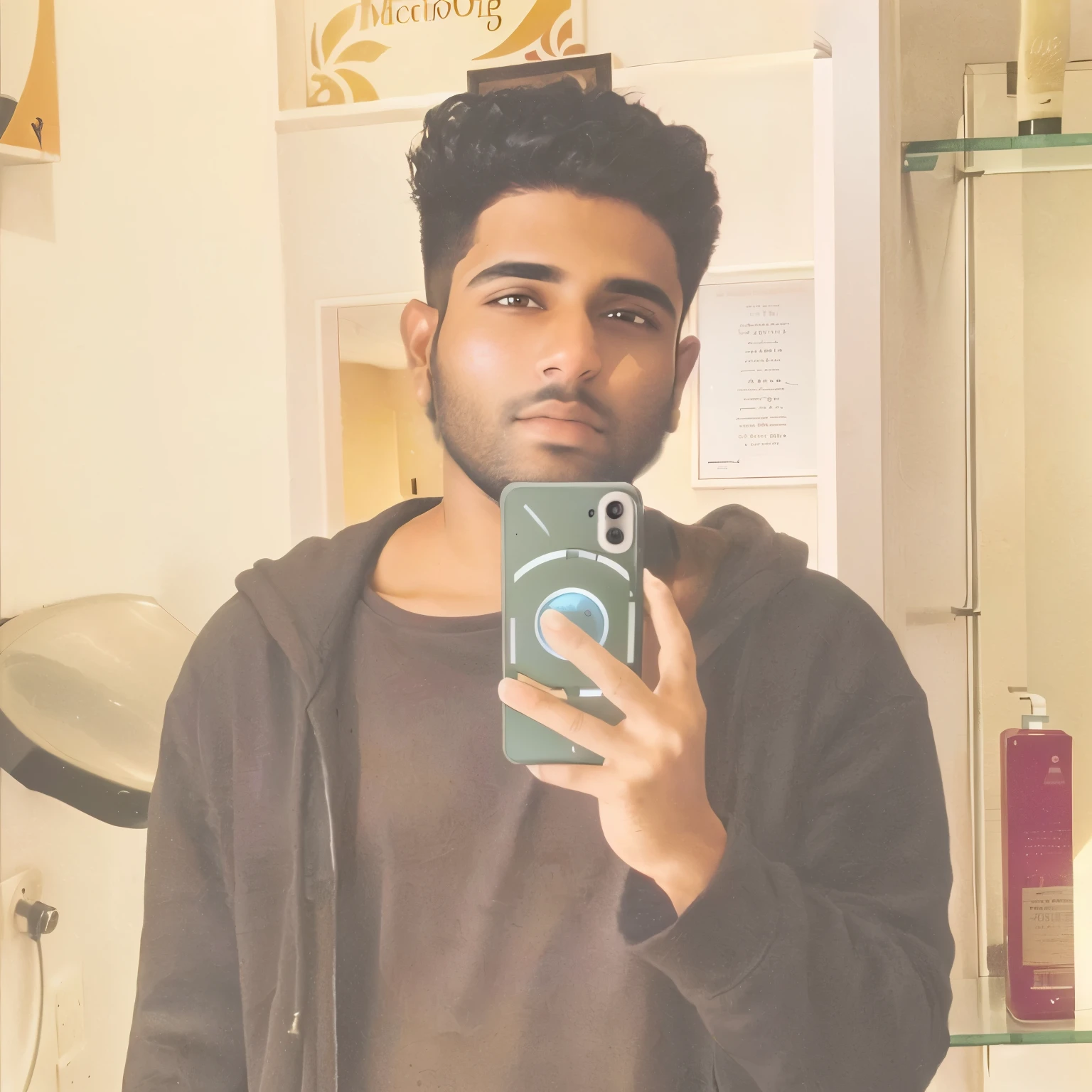 arafed man taking a selfie in a mirror in a bathroom, around 1 , edited in photoshop, inspired by Saurabh Jethani, profile pic, portait photo profile picture, 8k selfie photograph, very very low quality picture, profile picture, selfie photo, full body photogenic shot, post, without beard, # myportfolio