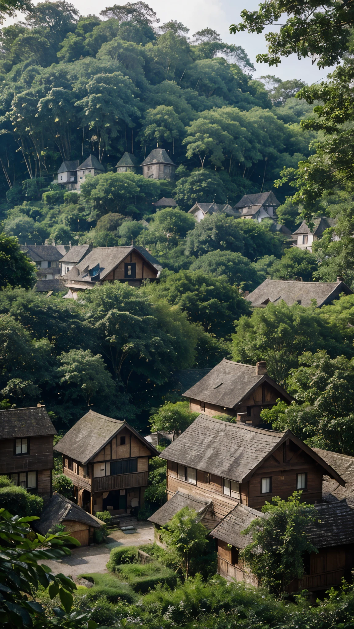 A quaint village nestled amidst towering trees, its rooftops peeking through a dense forest canopy.