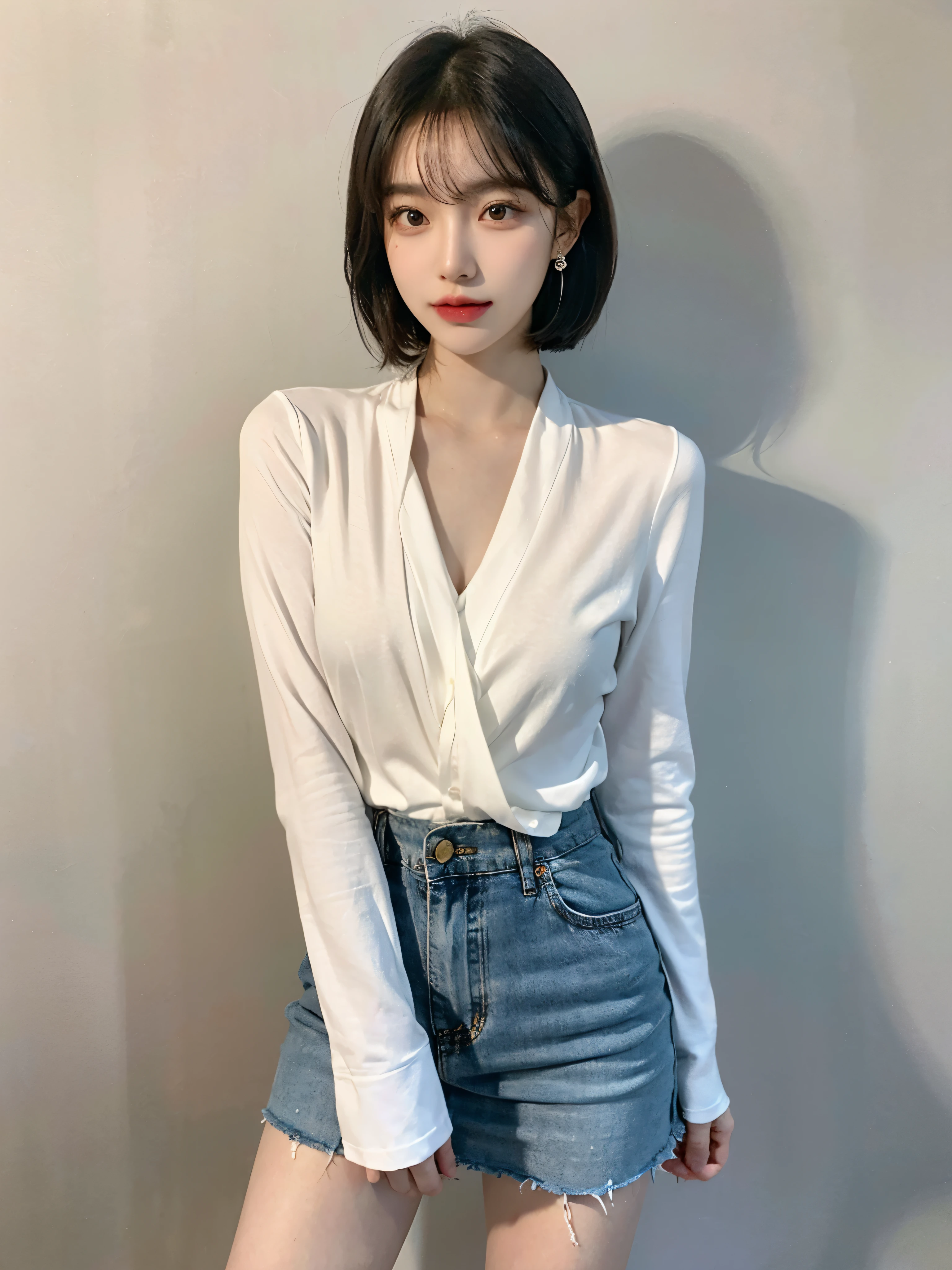 RAW Photos, 8k, (highest quality), Realistic, (live-action, Intricate details), (Natural skin texture, Detailed skin, Hyperrealism, Sharpness), highest quality, masterpiece, shape, Realistic, photo-Realistic, wonderful, finely, Very detailed, High resolution, Very detailed, unity 8k wallpaper, Full body shot of a beautiful young woman with Korean-style features resembling a popular actress, blouse, Frilled Skirt, Knee-high socks, (Very small breasts), thin, She has pink and bluish eyeshadow, bangs, blonde, short hair, head, and arms. Standing and looking at me, Japanese residential area, Narrow eyes, Long and narrow eye shape, Three white eyes, Confident expression, Evil look, Very slender and beautiful legs, Beautiful and thin thighs, Earrings,