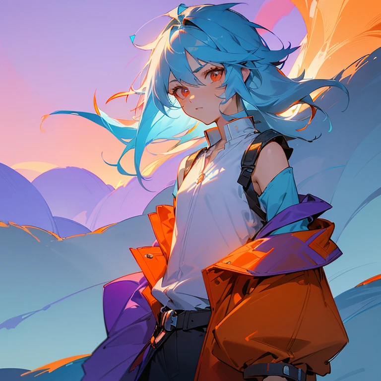 Solo, sfw, ((shorter shoulder length light blue hair that is straighter)), (messy hair) ((straight hair)) (light blue hair) (((red-orange eyes))), shorter stature, (adventure, fantasy type clothing) (open jacket (cool purple)) ((sky blue undershirt)) (detailed eyes)