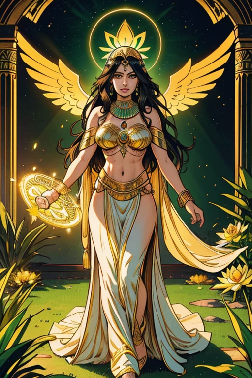 (best quality,4k,8k,highres,masterpiece:1.2),ultra-detailed,(realistic,photorealistic,photo-realistic:1.37),goddess Isis,beautiful young women,emerald green eyes,dark wavy hair,egyptian queen,serene expression,majestic wings,feathers shining with iridescence,flowing ethereal gown,elaborate headdress,jeweled collar,hidden power,floating in mid-air,glowing golden halo,lush green garden,sunlit columns,ancient Egyptian symbols,lotus flowers blooming in the background,vibrant colors,divine radiance,symbol of fertility and rebirth,spiritual presence,strong mystical aura,peaceful yet commanding presence