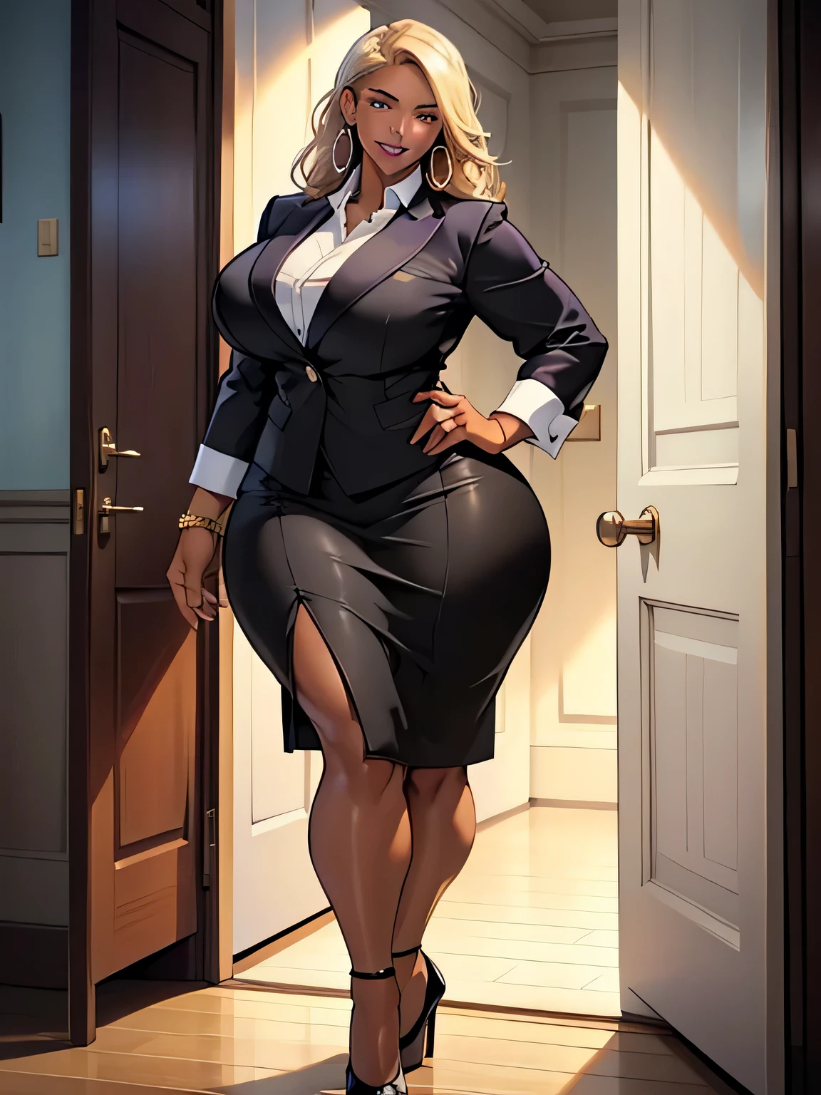 Detailed CG artwork, (highest quality, Exquisite details, An absolute masterpiece), (Head to toe images)), ((Full body image)),(Plus Size Model)),(White business casual suit,Pencil Skirt), (((Dark mahogany skin))),(((Light blonde))), (alone,Beautiful mahogany black skin、White business casual suit),be familiar with beautiful mature face, Highly detailed beautiful face and eyes, (be familiar with, Fascinating, And clear eyes), (Plump, glossy purple lips)),((High heels)),(purple eye shadow), blush, (sadistic Fascinating smile), (Curvaceous), ( Incredibly large and curvaceous hips), (Very huge voluptuous ass), (Huge thick thighs), (Glowing Skin), (Wet oily skin), jewelry, bracelet, Hoop Earrings