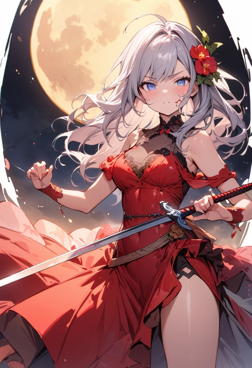 (masterpiece, best quality, highly detailed, absurdres:1.3), (1girl, cute, charming, detailed beautiful face:1.3), shiny silver hair, wavy hair, flower hair ornament, black＆red lace dress, (holding sword, fighting_stance:1.3), (fantastic illustration, beautiful detail, best quality, top quality, fain touch outline:1.3), watercolor, clear, beautiful detail, background fullmoon, night sky, tangle