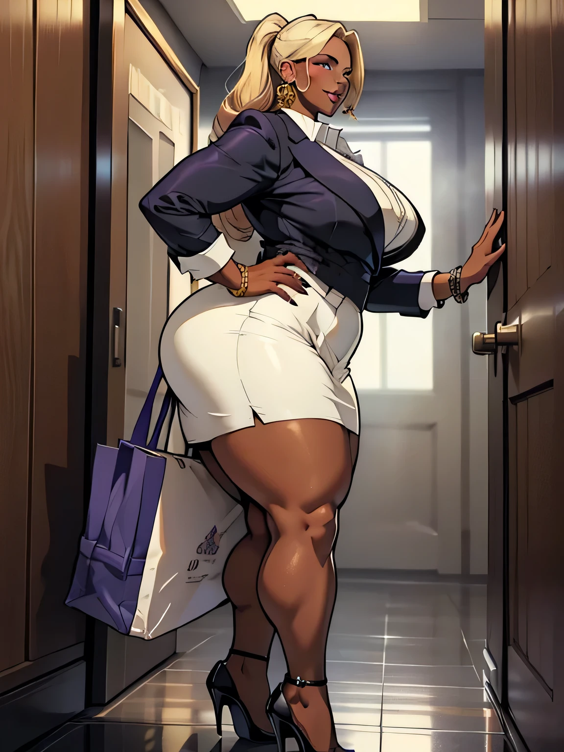 Detailed CG artwork, (highest quality, Exquisite details, An absolute masterpiece), (Head to toe images)), ((Full body image)),(Plus Size Model)),(White business casual suit,Pencil Skirt), (((Dark mahogany skin))),(((Light blonde))), (alone,Beautiful mahogany black skin、White business casual suit),be familiar with beautiful mature face, Highly detailed beautiful face and eyes, (be familiar with, Fascinating, And clear eyes), (Plump, glossy purple lips)),((High heels)),(purple eye shadow), blush, (sadistic Fascinating smile), (Curvaceous), ( Incredibly large and curvaceous hips), (Very huge voluptuous ass), (Huge thick thighs), (Glowing Skin), (Wet oily skin), jewelry, bracelet, Hoop Earrings